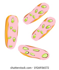 eclairs or custards isolated on white background. with pink glaze and pistachios.