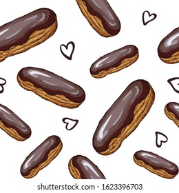 Eclairs with glaze. Texture for print, fabric, textile, wallpaper. Illustrations for coffee houses or cafes. Hand drawn vector illustration. Isolated on white background.