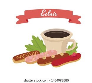 Eclairs, Mint Leaves and Cup of Coffee Cartoon Composition. Sweet Desserts Covered Topping, Chocolate Glaze and Custard Cream. Vector Flat Illustration. Cafeteria or Coffee-Shop Invitation Banner