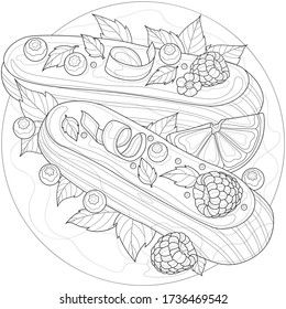 Eclairs with raspberries, blueberries, mint and orange.Tasty sweets.Coloring book antistress for children and adults. Zen-tangle style.Black and white drawing