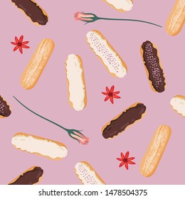 Eclairs and roses pastry background