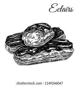 Eclairs with vanilla cream and chocolate icing. Sketch. Engraving style. Vector illustration.