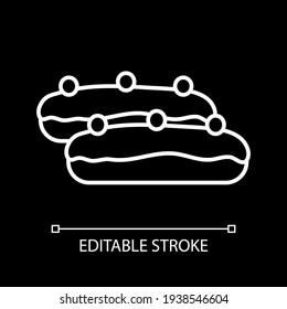Eclairs white linear icon for dark theme. French pastry with cream. Bakery products. Thin line customizable illustration. Isolated vector contour symbol for night mode. Editable stroke