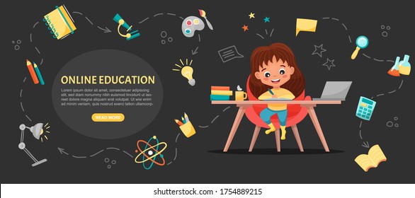 E-class concept banner. Online education. Cute school girl using laptop. Study at home with hand-drawn elements. Web courses or tutorials, software for learning. Vector flat cartoon illustration