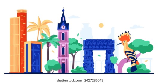 Eclectic architecture in Israel - modern colored vector illustration with Gate of Faith in Jaffa and its clock tower, complex of three skyscrapers Azrieli Center Mall. Hoopoe bird sitting on a branch