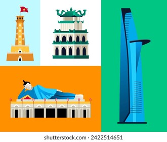 Eclectic architecture in Vietnam - set of flat design style colorful illustrations. Images of Bitexco and flag tower in Hanoi, Som Rong Pagoda and Lake of the Returned Sword. Antiquities of Asia idea