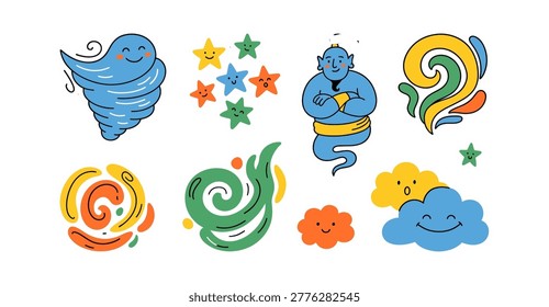 Eclectic assortment of cartoon characters including genie, tornado, stars.