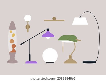 An eclectic assortment of lamps arranged creatively, highlighting various shapes, colors, and materials that can brighten any living space and enhance its aesthetic appeal