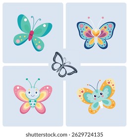Eclectic Butterfly Collection Vibrant Cartoons Meet Detailed Monochrome Outlines