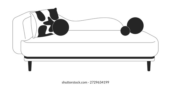 Chaise lounge ecléctico con almohadas de acento objeto de línea 2D. Muebles cojines sofá. Asientos acogedores. Elegante mobiliario interior aislado Clipart Vector elemento de contorno de tinta. Ilustración de punto monocromo