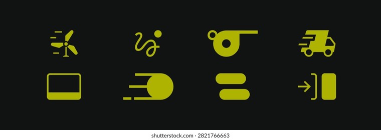 Eclectic collection of vector icons representing energy logistics and navigation. Symbols include a fast delivery truck and windmill for sustainable power alongside abstract motion paths. Distinctive lime green color provides excellent visibility for modern web and mobile application interfaces.