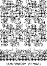 Eclectic fabric plaid pattern with baroque ornament. 