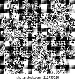 Eclectic fabric plaid seamless pattern with baroque ornament.