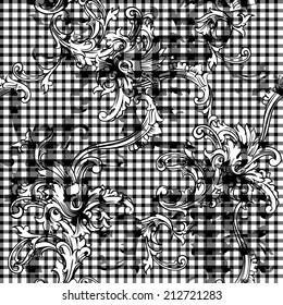 Eclectic fabric plaid seamless pattern with baroque ornament.