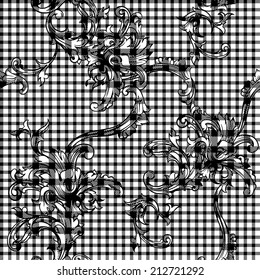 Eclectic fabric plaid seamless pattern with baroque ornament.