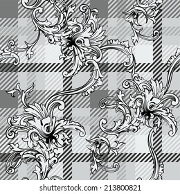 Eclectic fabric plaid seamless pattern with baroque ornament. 