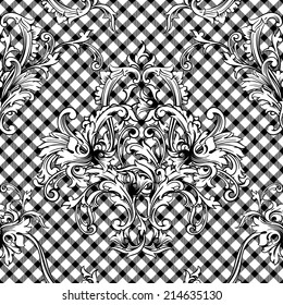 Eclectic fabric plaid seamless pattern with baroque ornament. 