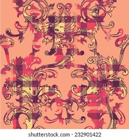 Eclectic fabric plaid seamless pattern with baroque ornament. 