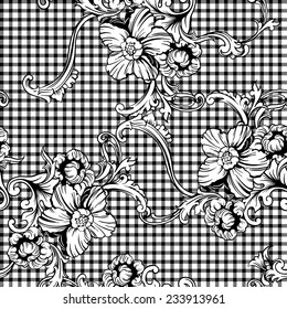 Eclectic fabric plaid seamless pattern with baroque ornament. Vector Illustration.