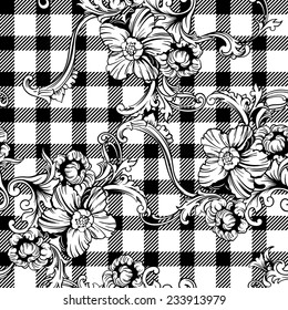Eclectic fabric plaid seamless pattern with baroque ornament. Vector Illustration.
