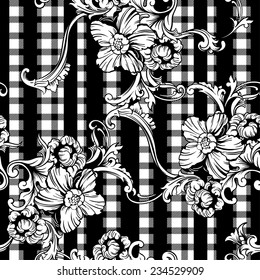 Eclectic fabric plaid seamless pattern with baroque ornament. Vector Illustration. 