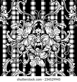 Eclectic fabric plaid seamless pattern with baroque ornament. Vector Illustration. 