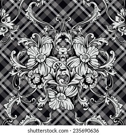 Eclectic fabric plaid seamless pattern with baroque ornament. 