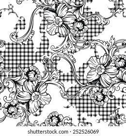 Eclectic fabric plaid seamless pattern with baroque ornament.