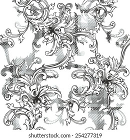 Eclectic fabric plaid seamless pattern with baroque ornament. 