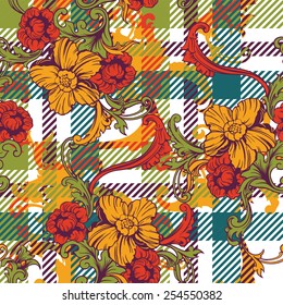 Eclectic fabric plaid seamless pattern with baroque ornament. 