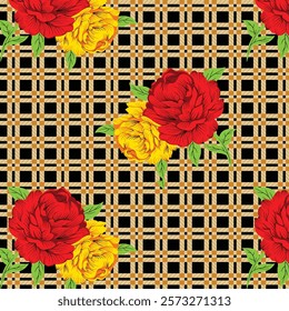 Eclectic fabric plaid seamless pattern with baroque ornament.