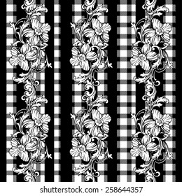 Eclectic fabric plaid seamless pattern with baroque ornament.