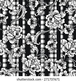 Eclectic fabric plaid seamless pattern with baroque ornament.