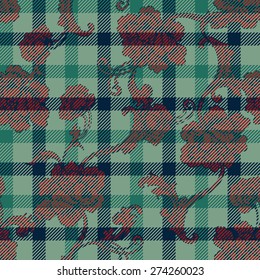 Eclectic fabric plaid seamless pattern with baroque ornament. 