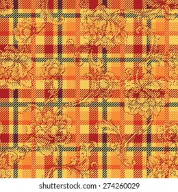 Eclectic fabric plaid seamless pattern with baroque ornament. 