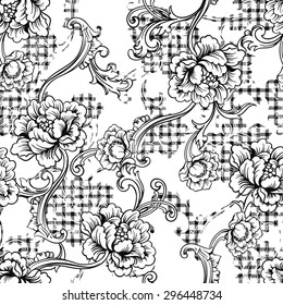 Eclectic fabric plaid seamless pattern with baroque ornament.