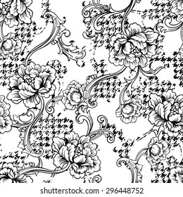 Eclectic fabric plaid seamless pattern with baroque ornament.