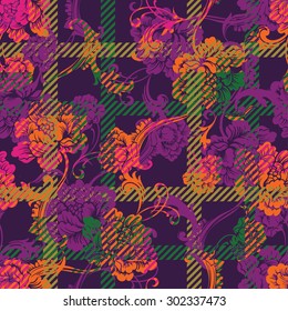 Eclectic fabric plaid seamless pattern with baroque ornament. 