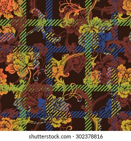 Eclectic fabric plaid seamless pattern with baroque ornament. 