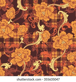 Eclectic fabric plaid seamless pattern with baroque ornament. 