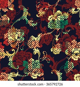 Eclectic fabric plaid seamless pattern with baroque ornament. 