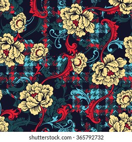 Eclectic fabric plaid seamless pattern with baroque ornament. 