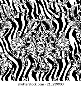 Eclectic fabric seamless pattern. Animal background with baroque ornament 