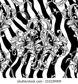 Eclectic fabric seamless pattern. Animal background with baroque ornament 