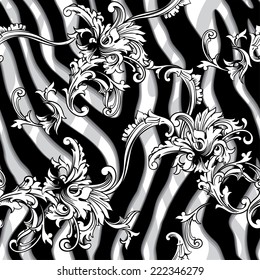 Eclectic fabric seamless pattern. Animal background with baroque ornament 