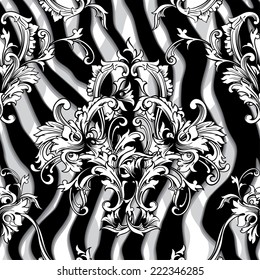 Eclectic fabric seamless pattern. Animal background with baroque ornament 