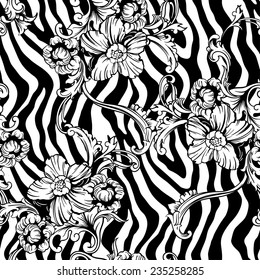 Eclectic fabric seamless pattern. Animal background with baroque ornament