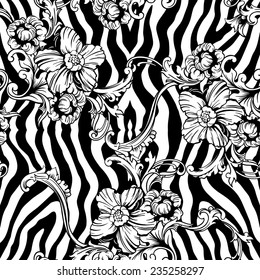 Eclectic fabric seamless pattern. Animal background with baroque ornament