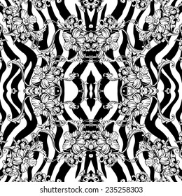 Eclectic fabric seamless pattern. Animal background with baroque ornament