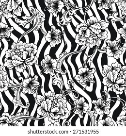 Eclectic fabric seamless pattern. Animal background with baroque ornament